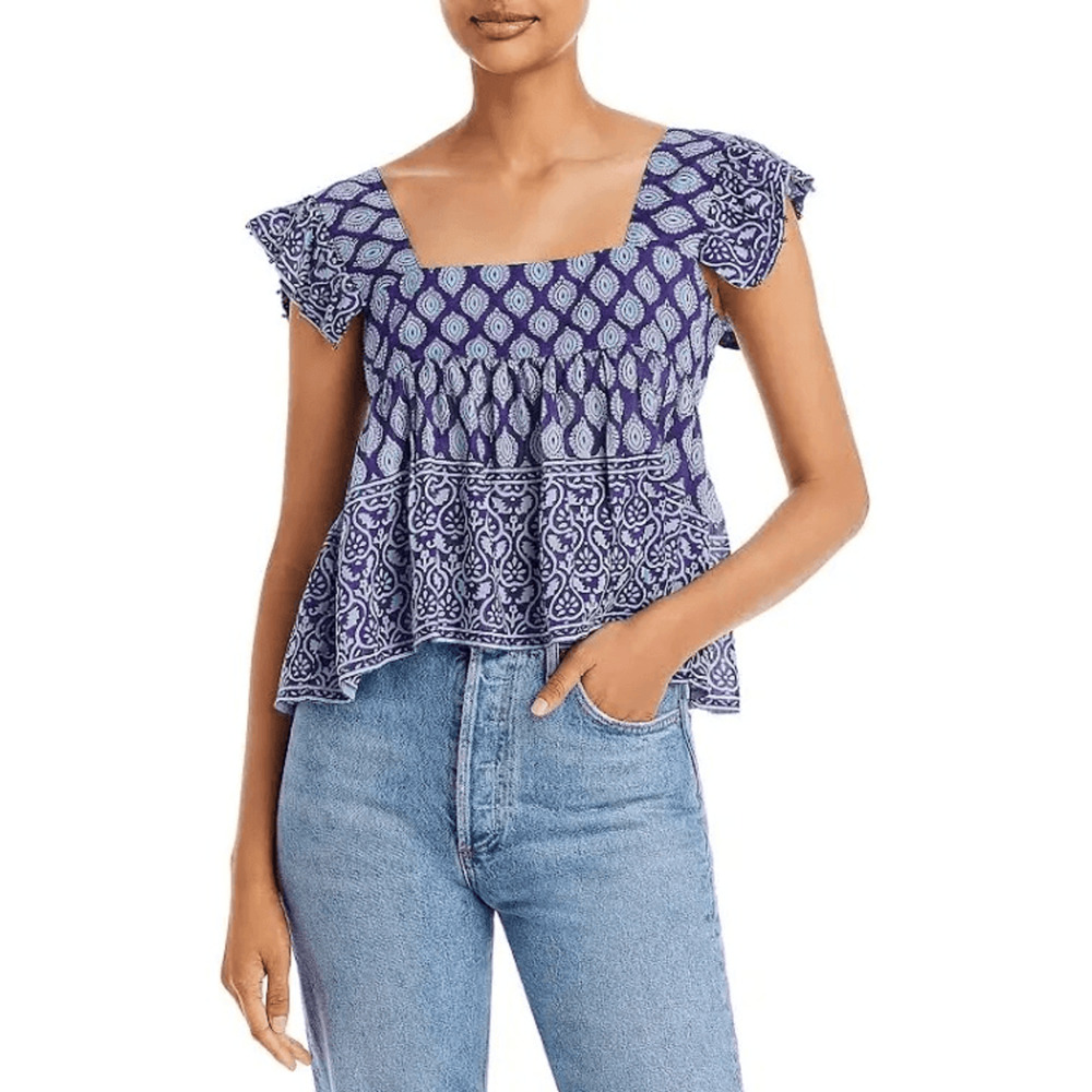 Bell NWT Rey Beaded Border Print Top in Blue Multi Size L